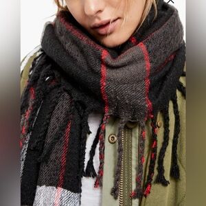 Free People Charcoal Gray Plaid Scarf with Red Stripes